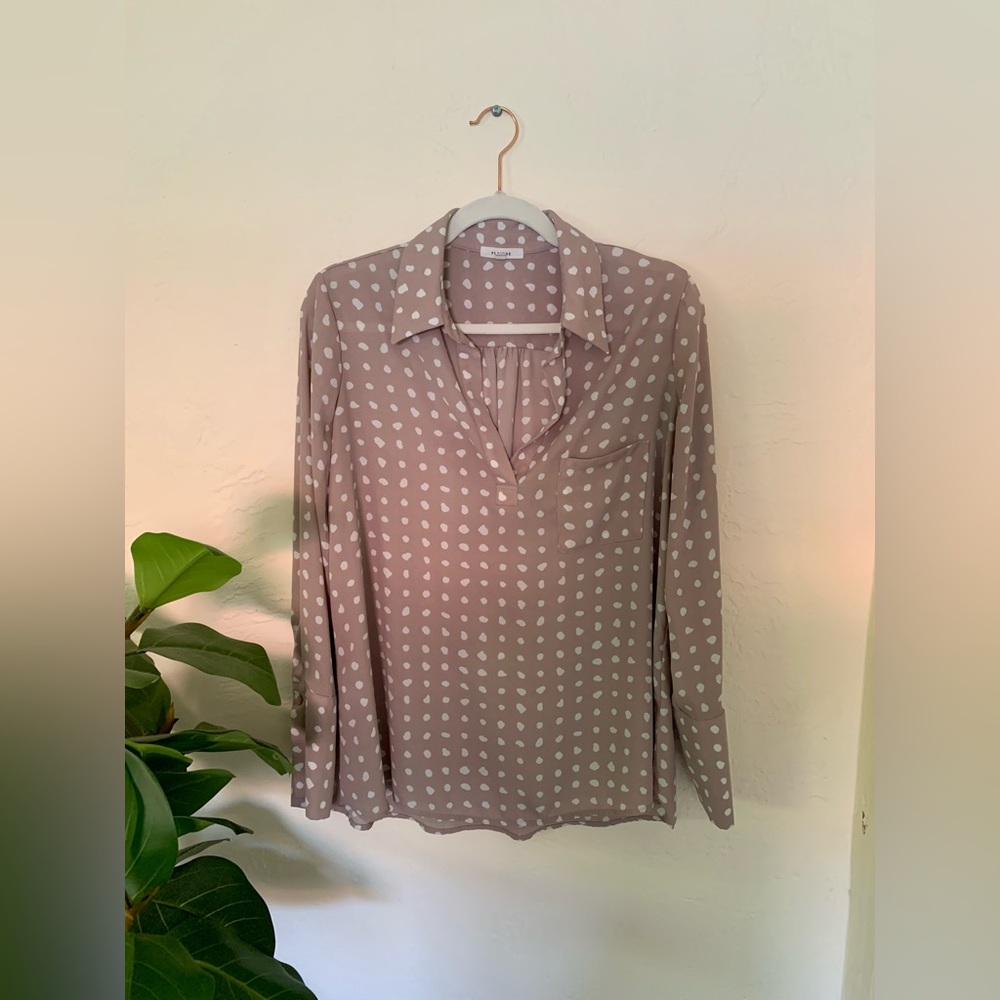 Pleione Polka Dot Pale Pink and White Button Up Blouse Size Small